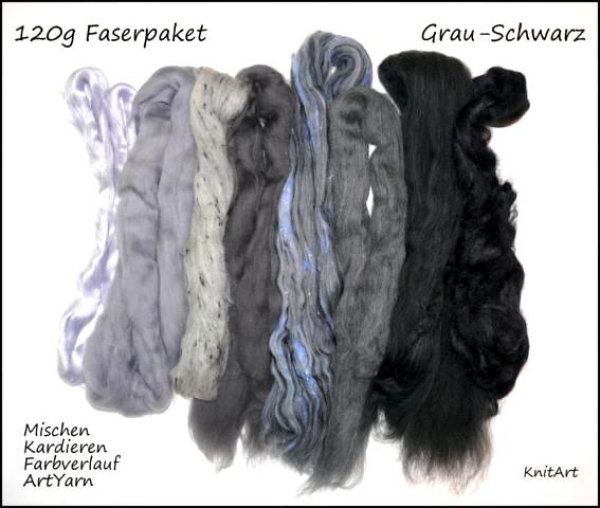Faserpaket  " Grau Schwarz " FARBVERLAUF Kardieren MISCHEN etc. 