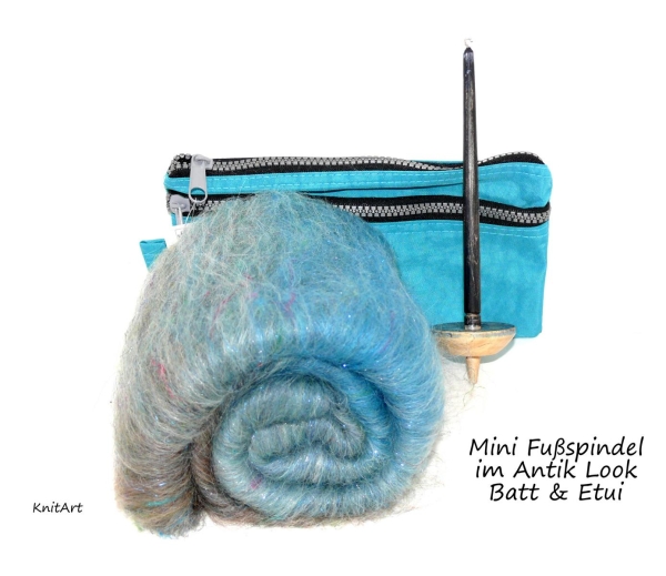 Kleine Fußspindel Blaubart Antik & Batt & Etui - Taschenspindel