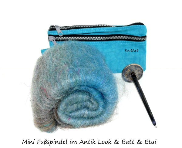 Kleine Fußspindel Blaubart Antik & Batt & Etui - Taschenspindel