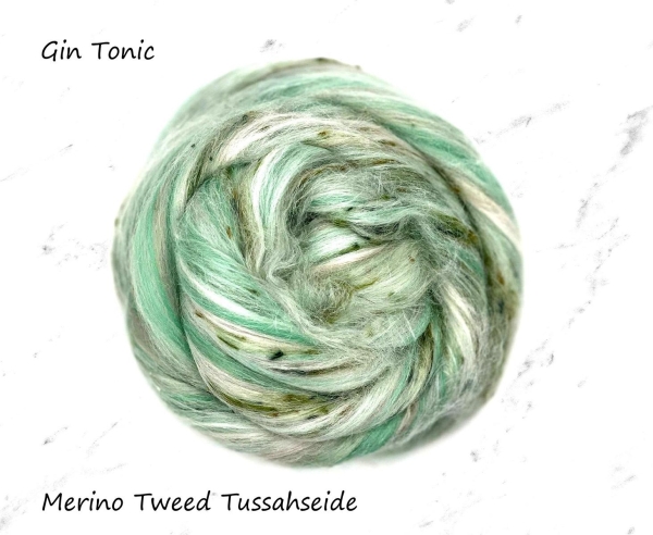 Merino Tweed Tussahseide, Gin Tonic - Grün Weiss