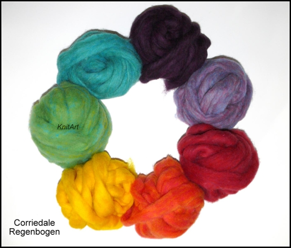 350g Faserpaket Corriedale Kardenband, Regenbogen